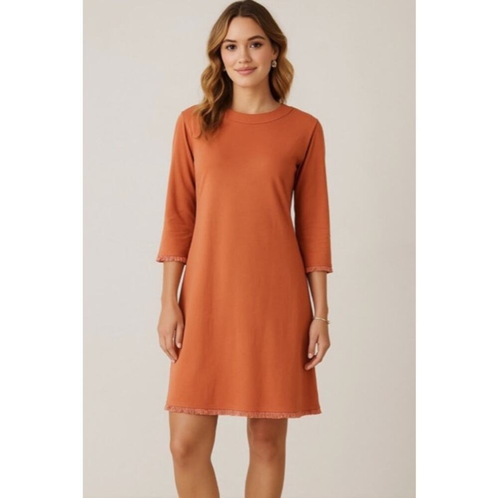 Spartina 449 Island Fringe Dress XS Paprika Orange 3/4 Sleeve Knit Shift Peru